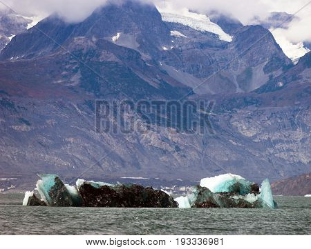 A dirty green iceburg floats in Kenai Fjords