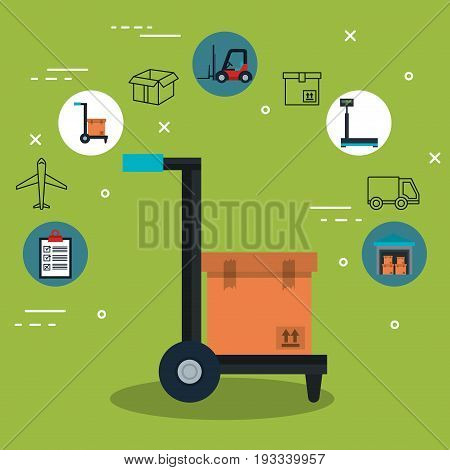 Load carrier platform trolley with box and delivery related icons over green background vector illustration