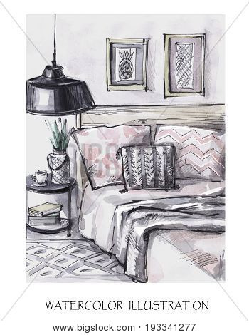 Hand drawn interior design card. Watercolor modern bedroom illustration. Romantic scandinavian style. My home. 