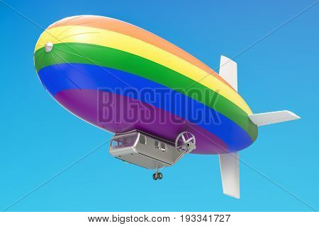 Airship or dirigible balloon with rainbow flag 3D rendering