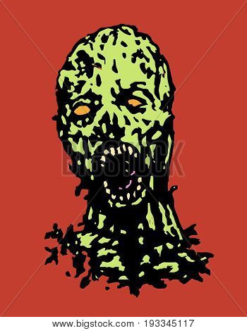 Cruel zombie head. Horror image. Vector illustration