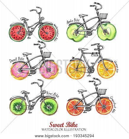 Watercolor bicycles with fresh fruits, donuts wheels. Colorful summer set. Hand drawn illustration. Delicious food. Lifestyle and sport. 