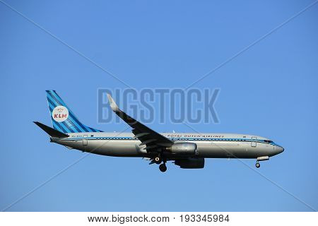 Amsterdam the Netherlands - May 20th 2017: PH-BXA KLM Royal Dutch Airlines Boeing 737-800 approaching Schiphol Polderbaan runway painted in retro livery for KLM 90th anniversary