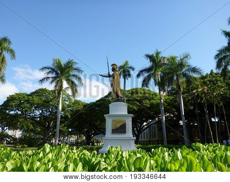 Statue of King Kamehameha in downtown Honolulu Hawaii