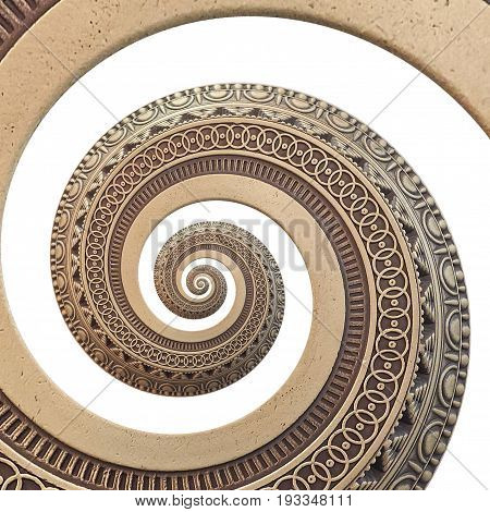 Isolated on white bronze copper geometrical abstract ornament spiral fractal pattern background. Metal spiral pattern effect background. Spiral symmetrical pattern. Abstract spinning effect background