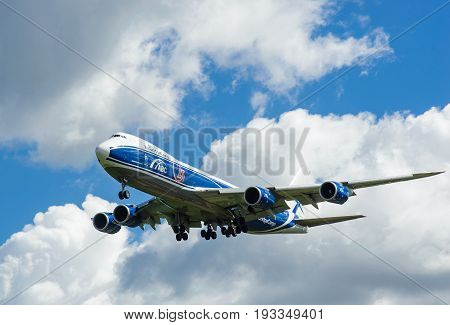 SHEREMETYEVO MOSCOW REGION RUSSIA - June 28 2017: Boeing 747-8F of AirBridgeCargo Airlines makes a landing at Sheremetyevo International Airport.