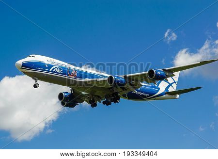 SHEREMETYEVO MOSCOW REGION RUSSIA - June 28 2017: Boeing 747-8F of AirBridgeCargo Airlines makes a landing at Sheremetyevo International Airport.