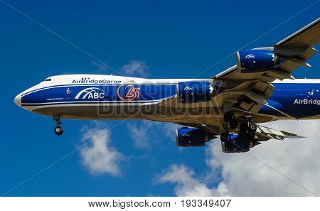 SHEREMETYEVO MOSCOW REGION RUSSIA - June 28 2017: Boeing 747-8F of AirBridgeCargo Airlines makes a landing at Sheremetyevo International Airport.