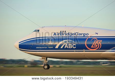 Amsterdam the Netherlands - June 1st 2017: VQ-BVR AirBridgeCargo Boeing 747-8F taking off from Polderbaan Runway Amsterdam Airport Schiphol
