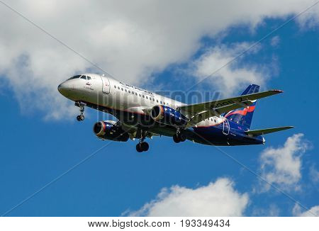 SHEREMETYEVO MOSCOW REGION RUSSIA - June 28 2017: Sukhoi Superjet 100 (SSJ 100-95B) of Aeroflot Airlines makes a landing at Sheremetyevo International Airport.