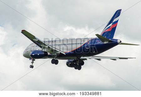 SHEREMETYEVO MOSCOW REGION RUSSIA - June 28 2017: Sukhoi Superjet 100 (SSJ 100-95B) of Aeroflot Airlines makes a landing at Sheremetyevo International Airport.