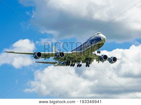 SHEREMETYEVO MOSCOW REGION RUSSIA - June 28 2017: Boeing 747-8F of AirBridgeCargo Airlines makes a landing at Sheremetyevo International Airport.