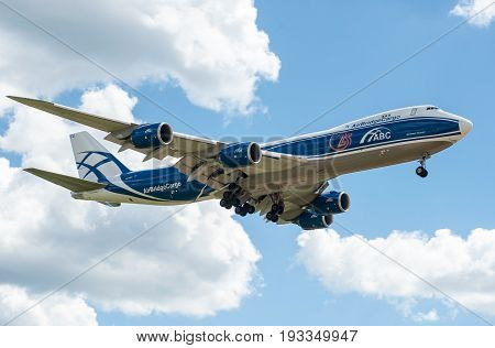 SHEREMETYEVO MOSCOW REGION RUSSIA - June 28 2017: Boeing 747-8F of AirBridgeCargo Airlines makes a landing at Sheremetyevo International Airport.