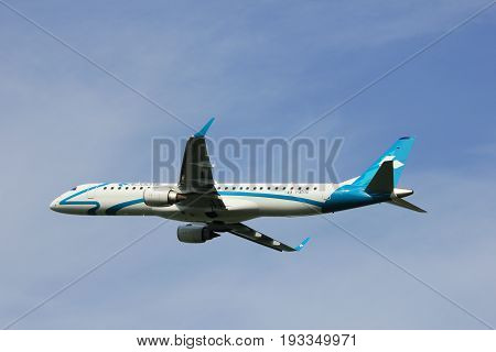 Amsterdam the Netherlands - June 2nd 2017: I-ADJU Air Dolomiti Embraer ERJ-195LR taking off from Polderbaan Runway Amsterdam Airport Schiphol