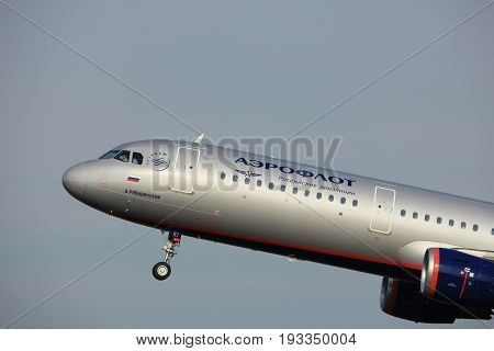Amsterdam the Netherlands - June 2nd 2017: VP-BKI Aeroflot - Russian Airlines Airbus A321 taking off from Polderbaan Runway Amsterdam Airport Schiphol