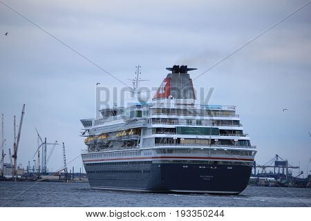 Velsen The Netherlands - April 27th 2017: Balmoral Fred Olsen Cruise Lines in North Sea Canal towards IJmuiden sealock