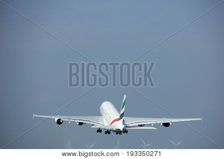 Amsterdam the Netherlands - May 6th 2017: A6-EEX Emirates Airbus A380-800 takeoff from Polderbaan runway Amsterdam Schiphol Airport