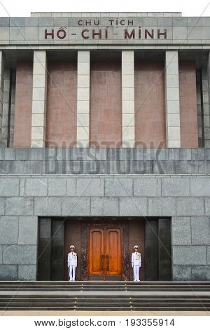 Hanoi Vietnam - Feb 20 2017 : Close up of Ho Chi Minh mausoleum with guards. Chu Tich means President or Leader.