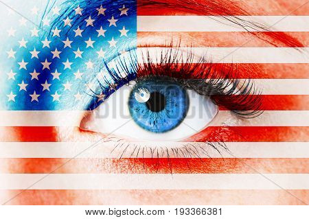Close up image of human eye with USA flag over skin