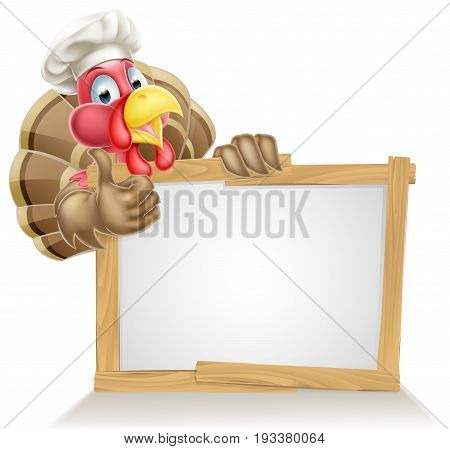 A Christmas or Thanksgiving turkey character wearing a chef or cook hat giving a thumbs up above a sign