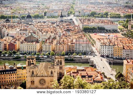 Aerial cityscape view on Lyon with Rhone river during the morning light in France