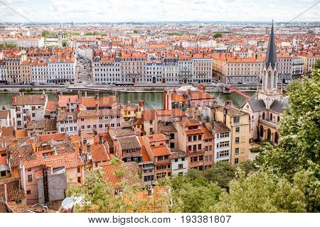 Aerial cityscape view with beautiful old buildings and saint George cathedral in Lyon city