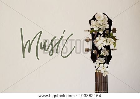 Part of a guitar on a white background with several cherry blossoms. Concept of music, hobby, creativity