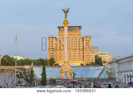 KIEV UKRAINE - JUNE 05 : The Maidan Nezalezhnosti in Kiev Ukraine on 05 June 2017 it is one of the city's main squares located on Khreshchatyk Street