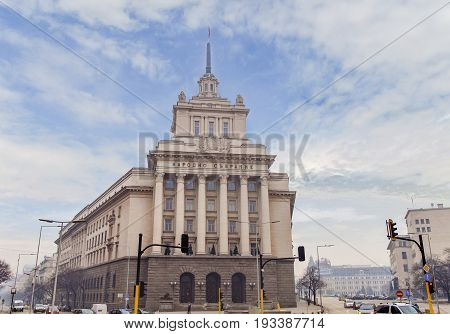 SOFIA BULGARIA - JANUARY 03: Seat of the unicameral Bulgarian Parliament (National Assembly of Bulgaria) on January 03 2017 in Sofia Bulgaria