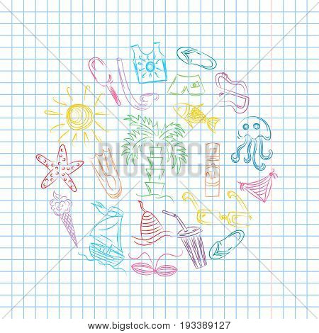 Colorful Hand Drawn Summer Symbols. Doodle Boats Ice cream Palms Hat Umbrella Jellyfish Cocktail Sun Arranged in a Circle on Copybook Sheet in a Cage. Vector Illustration.