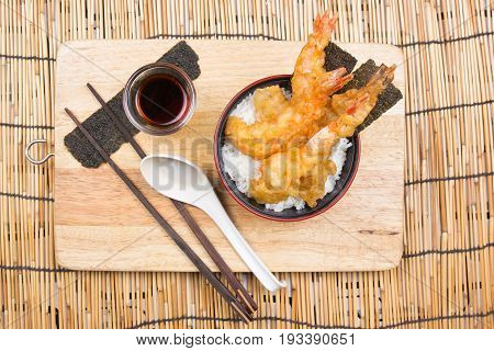 Chef decorated tempura on rice / Cooking Tempura concept