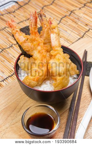 Chef decorated tempura on rice / Cooking Tempura concept