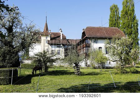 Bern Switzerland - April 14 2017: Wittigkofen Palace It is a house with centuries-old traditions placed in Murifeld of Bern was originally built as a residence for a farm