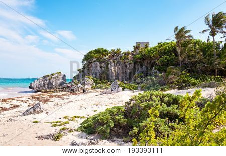 Tulum Mexico sea view from the Mayan city archaeological site with the Wind Temple in the background