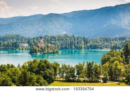 Lake Bled with St. Marys Church on small island in Bled, Slovenia