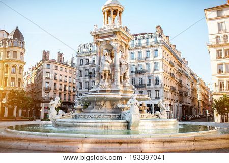 Morning view on Jacobins square and beautiful fountain in Lyon city, France
