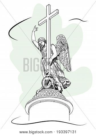 Alexander Column on Palace Square in Saint Petersburg Russia. Sketch by hand. Vector illustration.