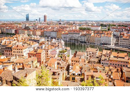 Aerial cityscape view with beautiful old buildings and Rhone river in Lyon city