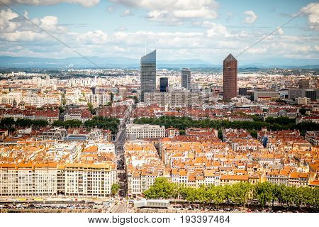 Aerial cityscape view with beautiful old buildings and skyscrapers in Lyon city