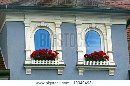 gothic windows with white ornaments and red gerania at an old house blue sky reflecting in the window glass