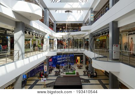 SAINT PETERSBURG RUSSIA - MAY 4 2017: Unknown people visit shopping and entertainment complex 