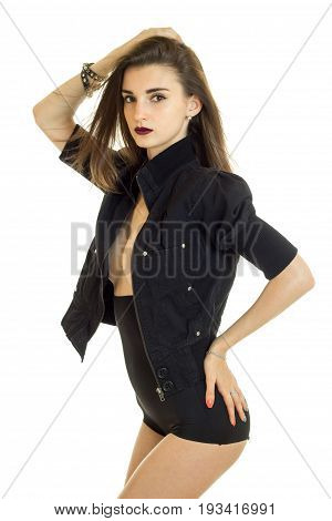 Glamour young lady in high panties and jacket without bra with big breasts isolated on white background