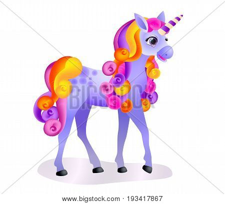 Cute cartoon unicorn with colorful mane and tail. Isolated image on white. Vector illustration.