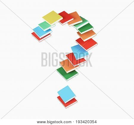 Red blue yellow orange book forming a large question mark. Concept of education reading and finding answers. 3d rendering
