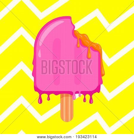 Ice cream color vector flat illustration, best summer season sign, pink popsicle melts from the heat on blue background