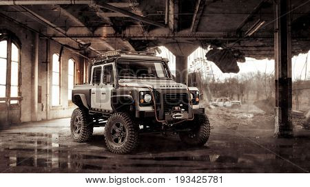 Chernobyl, Ukraine August 31, 2012: Land Rover Defender tuned for zombie apocalypse in a destroyed building on August 31, 2012 in