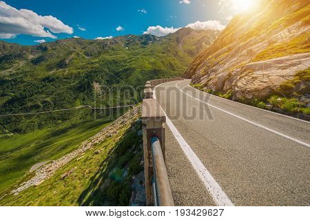 Scenic Winding Alpine Road. Great St Bernard Pass Road Connecting Switzerland and Aosta Valley in the Italy.