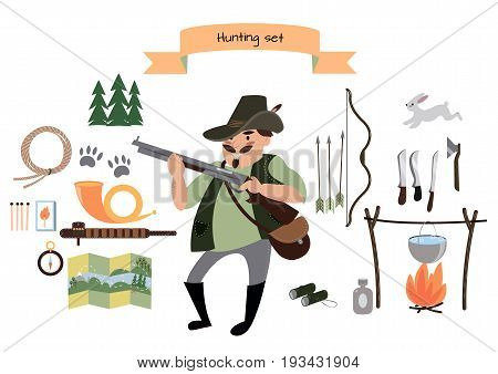 Hunting icon set, hunter character, vector illustrations