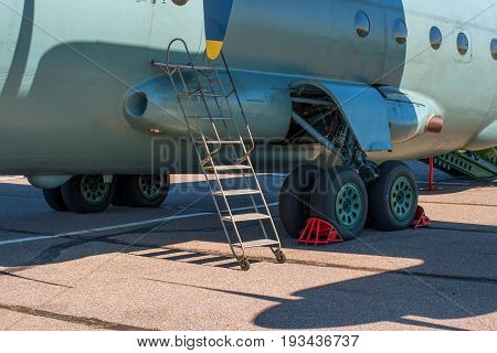 The chassis of the transport aircraft An12. Close-up. An-12 for the codification of NATO: Cub- is a Soviet military transport aircraft.
