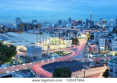 Hua Lamphong Railway Station in twilight at Bangkok ThailandHigh angle view big center of Train Station.